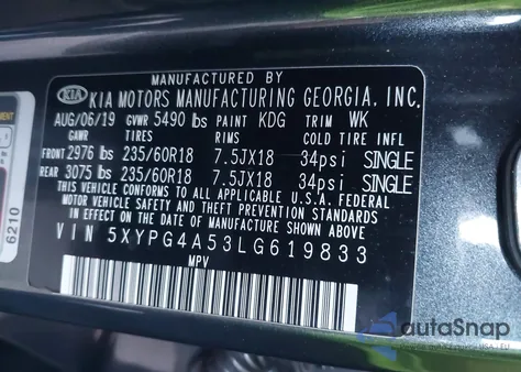 2020 Kia Sorento 3.3L Lx z USA, uszkodzony, nr VIN 5XYPG4A53LG619833